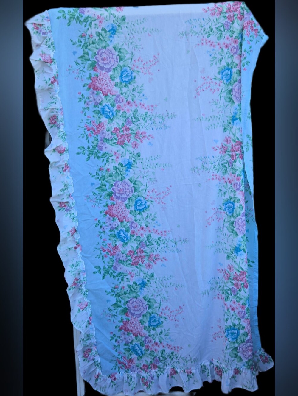 Vintage Cottagecore Floral Ruffled Curtain Panel Shabby Chic Blue & Pink 81x47